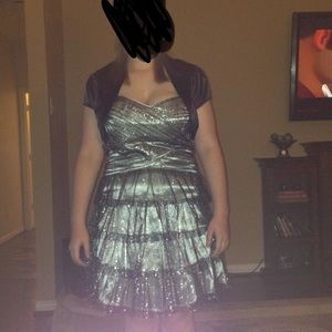 Black and silver strapless dress
